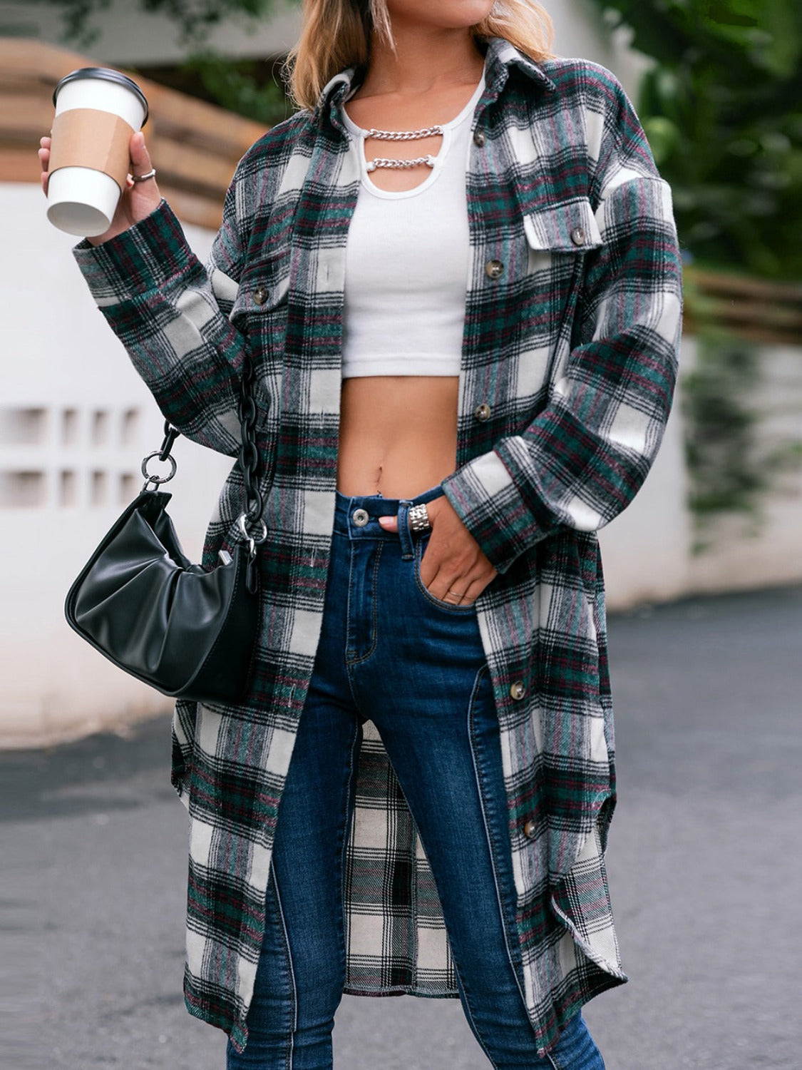 Plaid Button Up Long Sleeve Shacket nicholesgifts