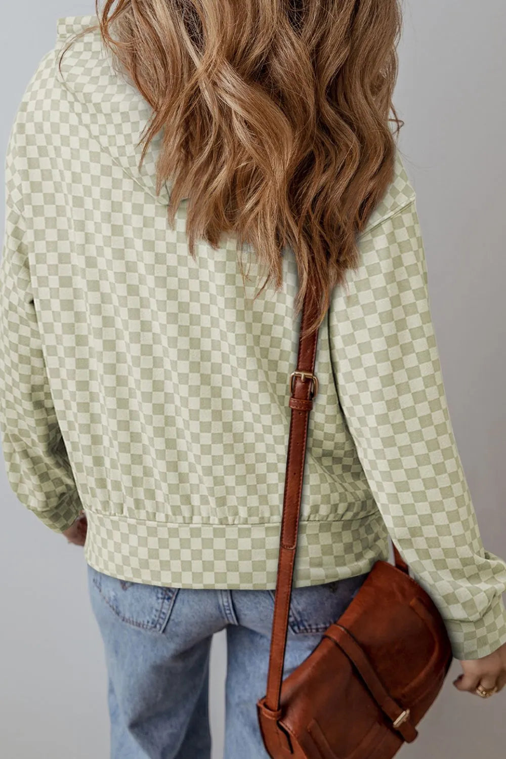 Checkered Print Kangaroo Pocket Drawstring Hoodie Trendsi