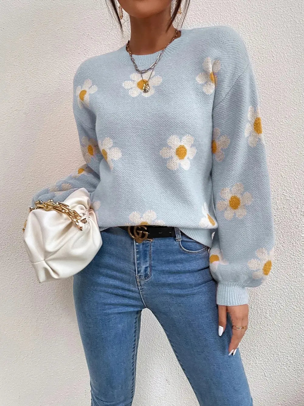 Flower Round Neck Latern Sleeve Sweater Trendsi