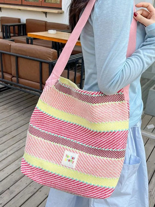 Striped Woven Shoulder Bag with Adjustable Strap nicholesgifts