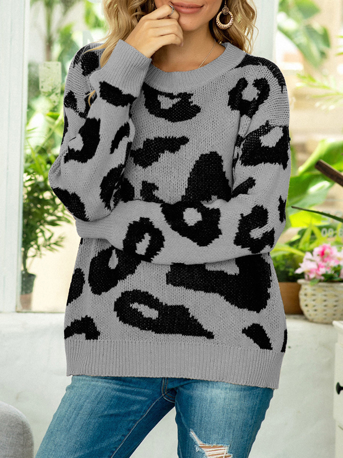 Drop Shoulder Leopard Pullover Sweater Trendsi
