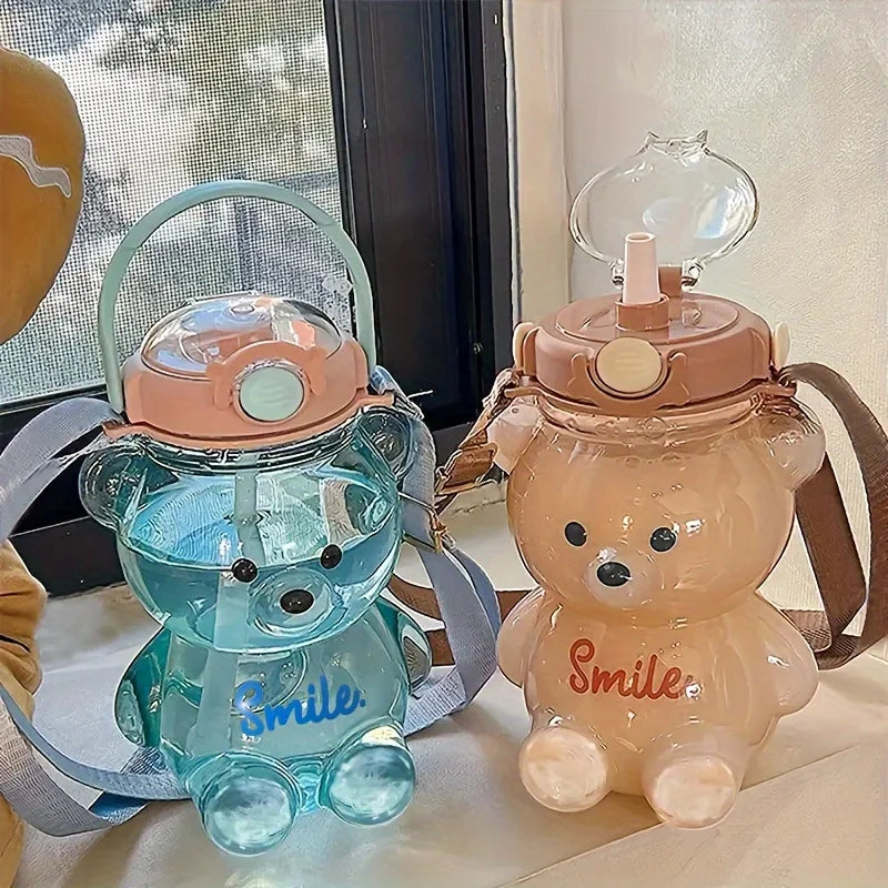 Cute Bear 1000ml Water Bottle - 2-in-1 Straw Cup for Kids, BPA Free & Leakproof - Perfect for School & Sports Gifts!