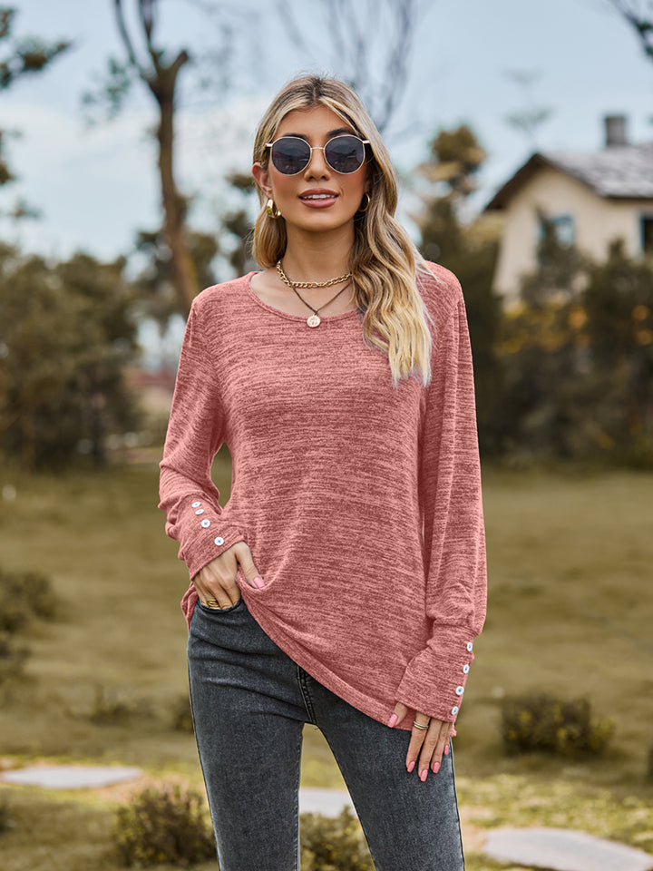 Round Neck Long Sleeve Buttoned T-Shirt NicholesGifts