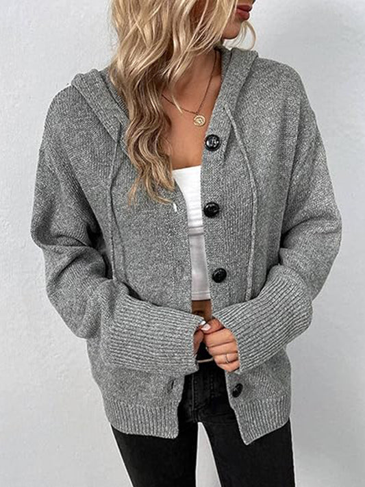 Women Button Up Drawstring Long Sleeve Hooded Cardigan nicholesgifts