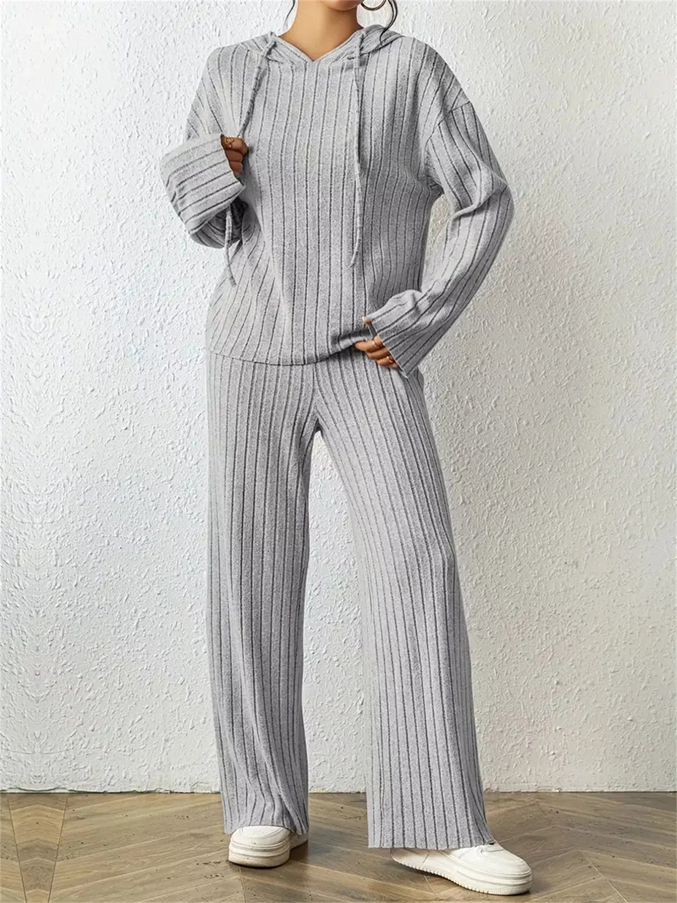 Ribbed Drawstring Hoodie and Pants Set Trendsi