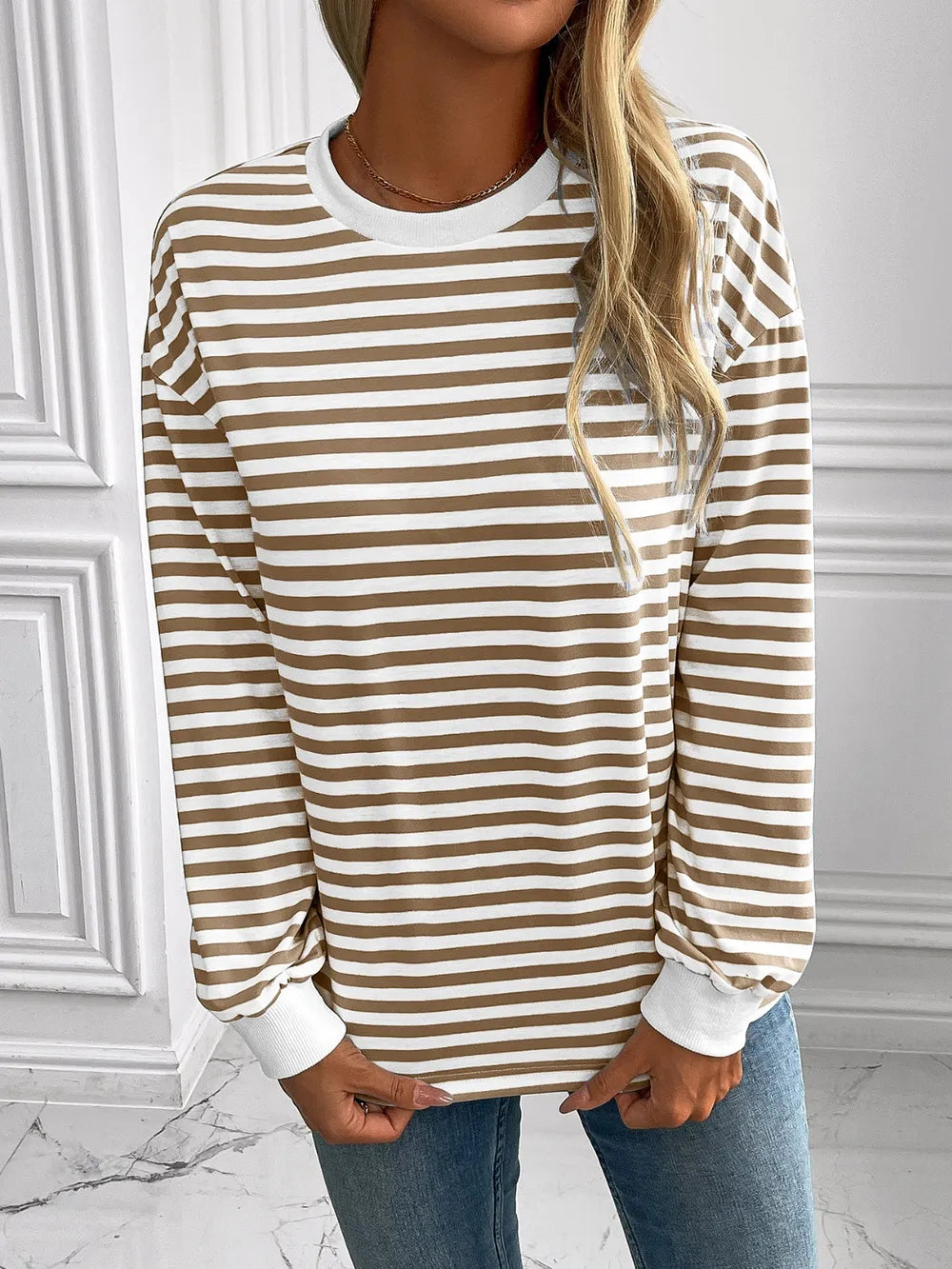 Ivy Lane Striped Round Neck Long Sleeve Sweatshirt Trendsi