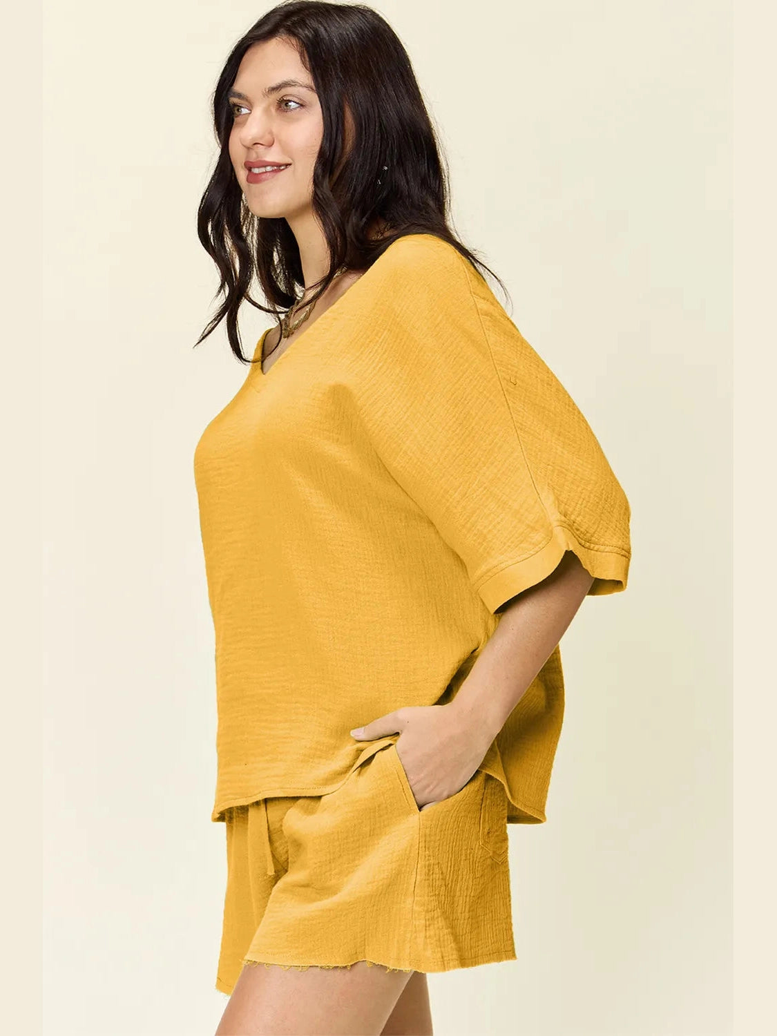 Double Take Texture Half Sleeve T-Shirt and Drawstring Shorts Set NicholesGifts
