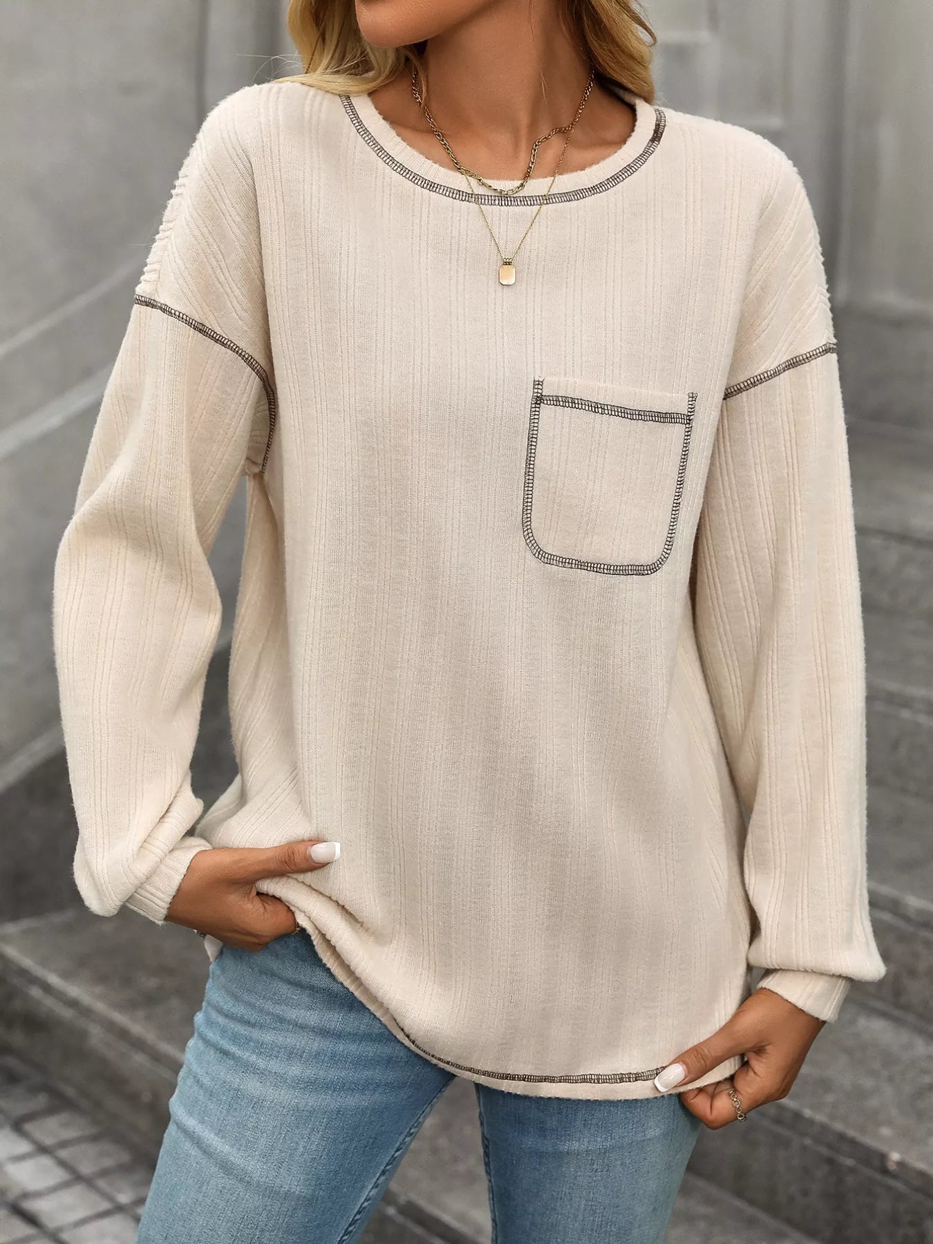 Casual Pocket Detail Long Sleeve T-Shirt nicholesgifts