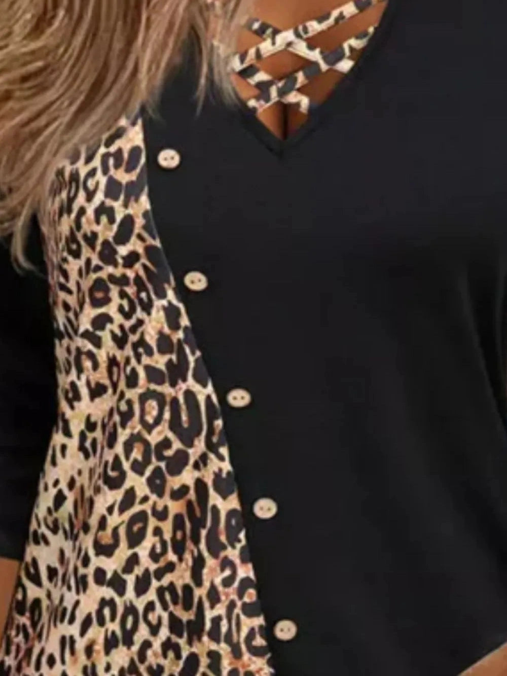 Crisscross Leopard V-Neck Long Sleeve T-Shirt