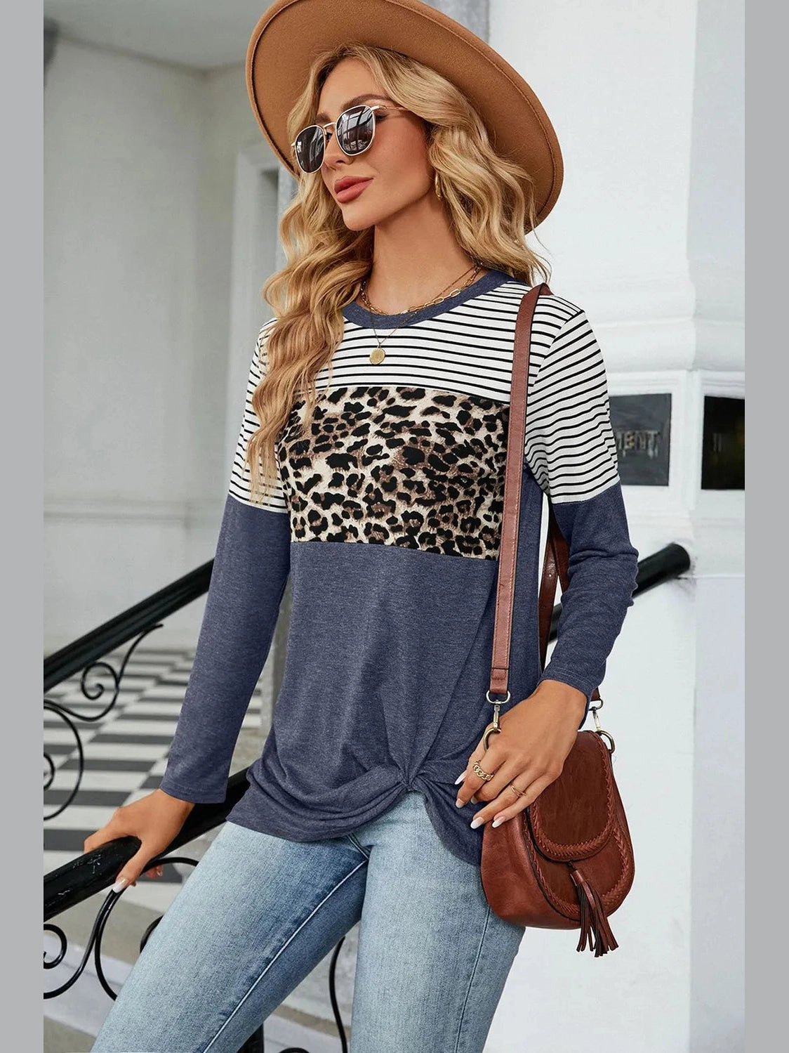 Leopard Striped Round Neck T-Shirt NicholesGifts
