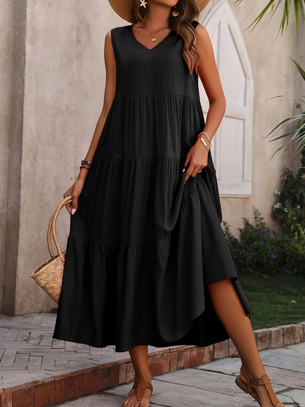 Tiered V-Neck Sleeveless Dress NicholesGifts