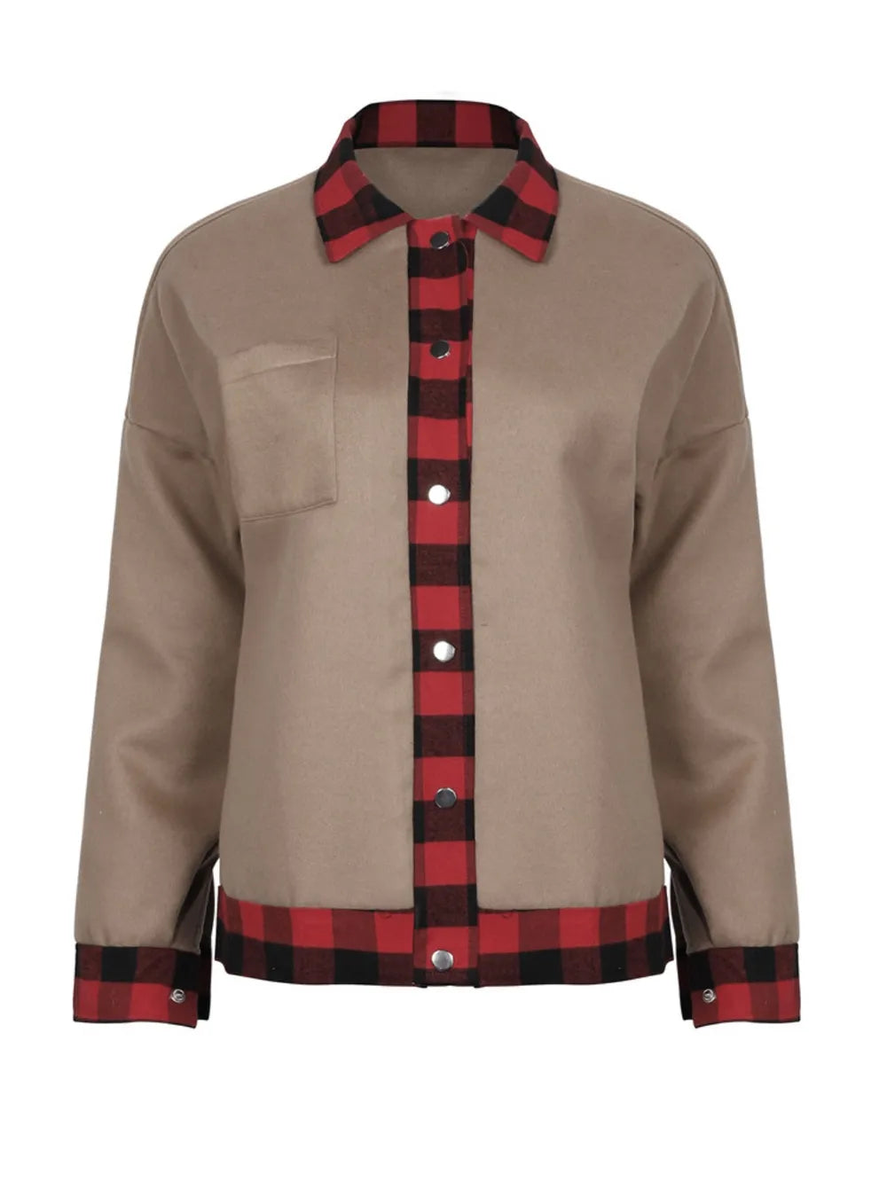Plaid Trim Long Sleeve Jacket nicholesgifts