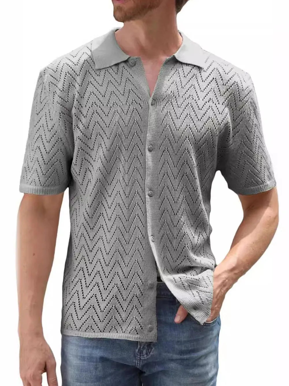 Men's Full Size Openwork Button Down Short Sleeve Shirt Plus Size NicholesGifts