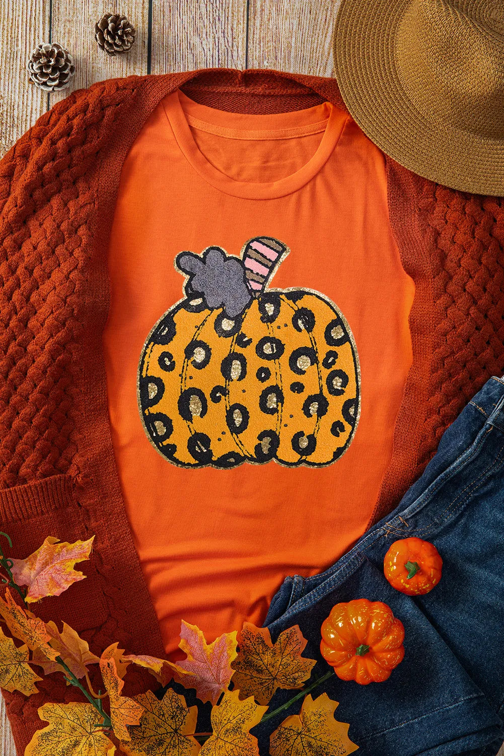Pumpkin Round Neck Short Sleeve T-Shirt NicholesGifts