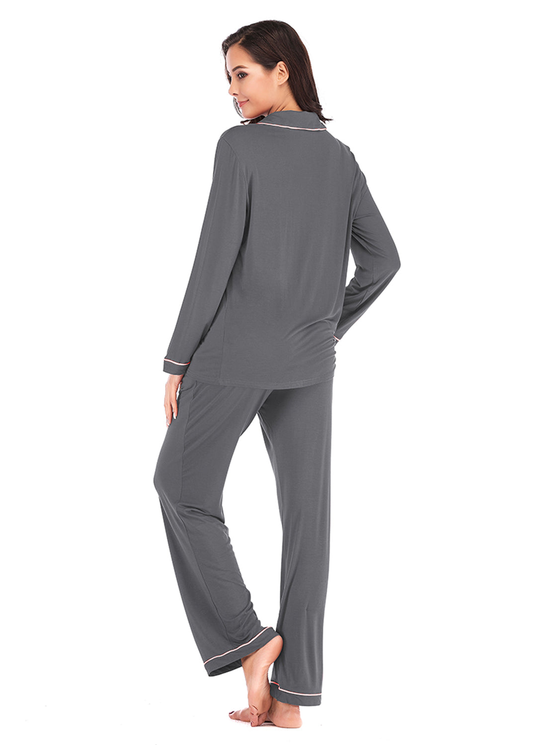 Collared Neck Long Sleeve Loungewear Set with Pockets nicholesgifts