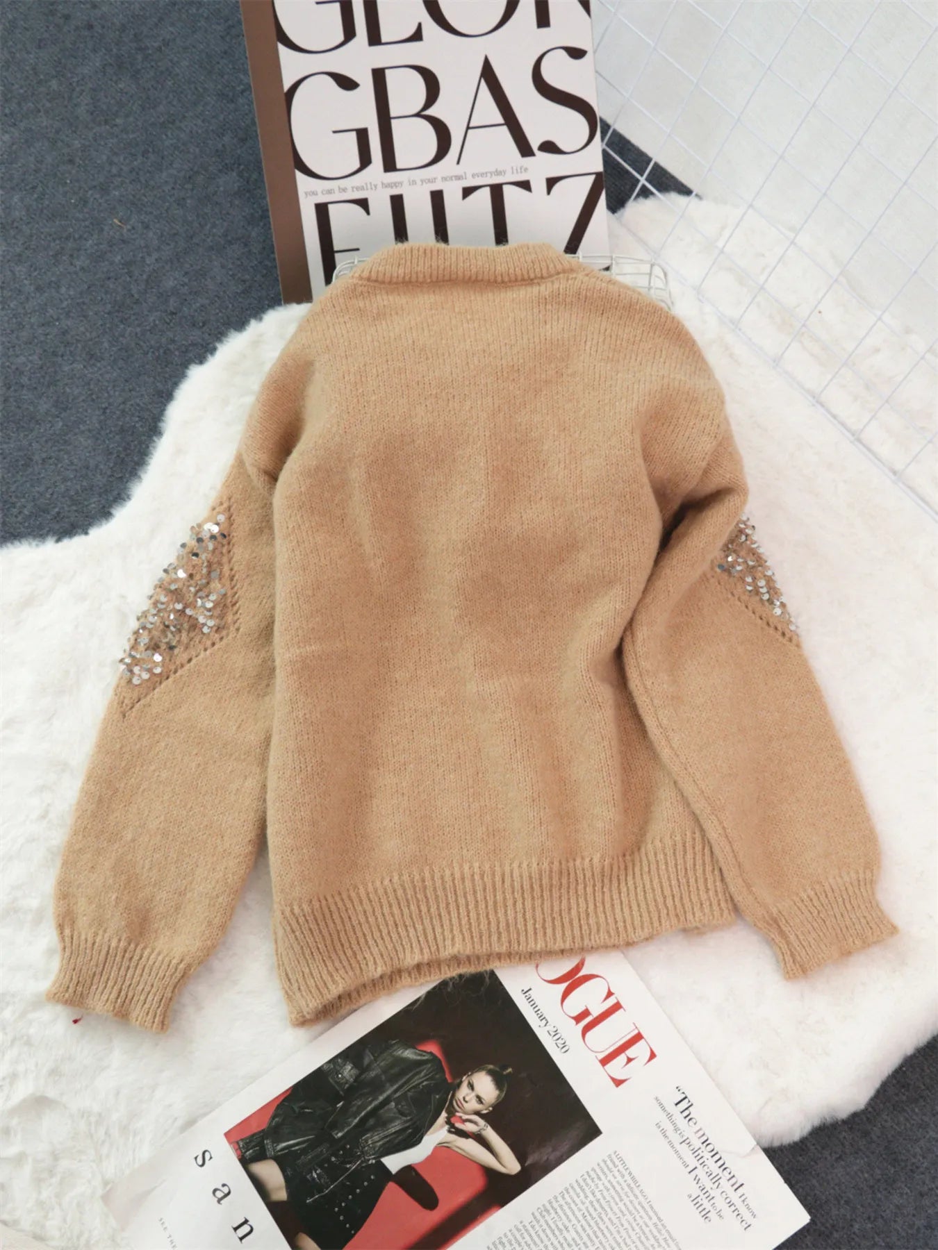 Sequined Diamond Pattern Oversized Sweater Trendsi