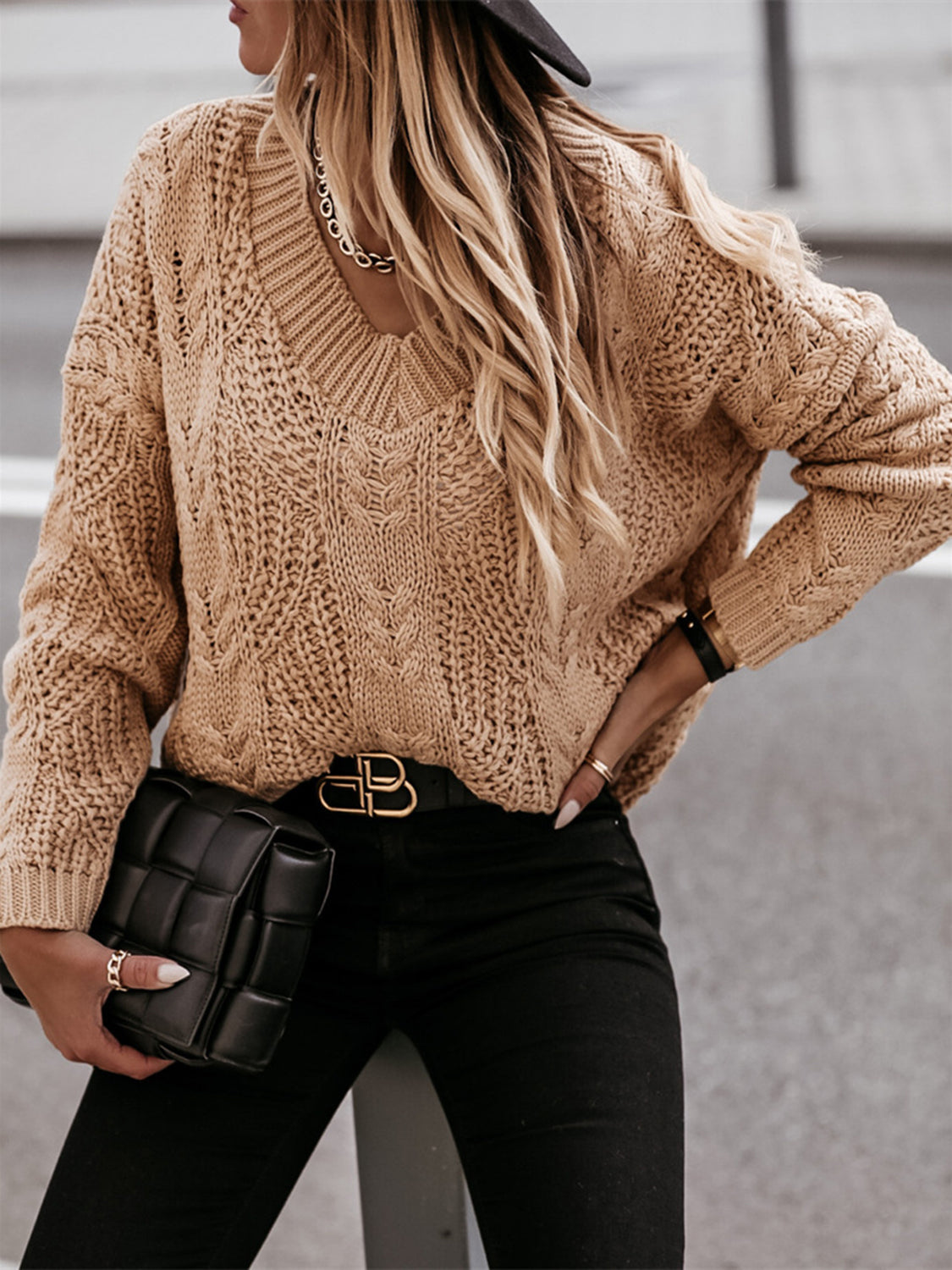 V-Neck Cable-Knit Long Sleeve Sweater nicholesgifts
