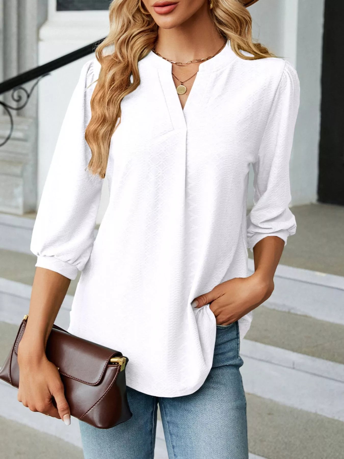 Notched 3/4 Sleeve Casual Top Trendsi