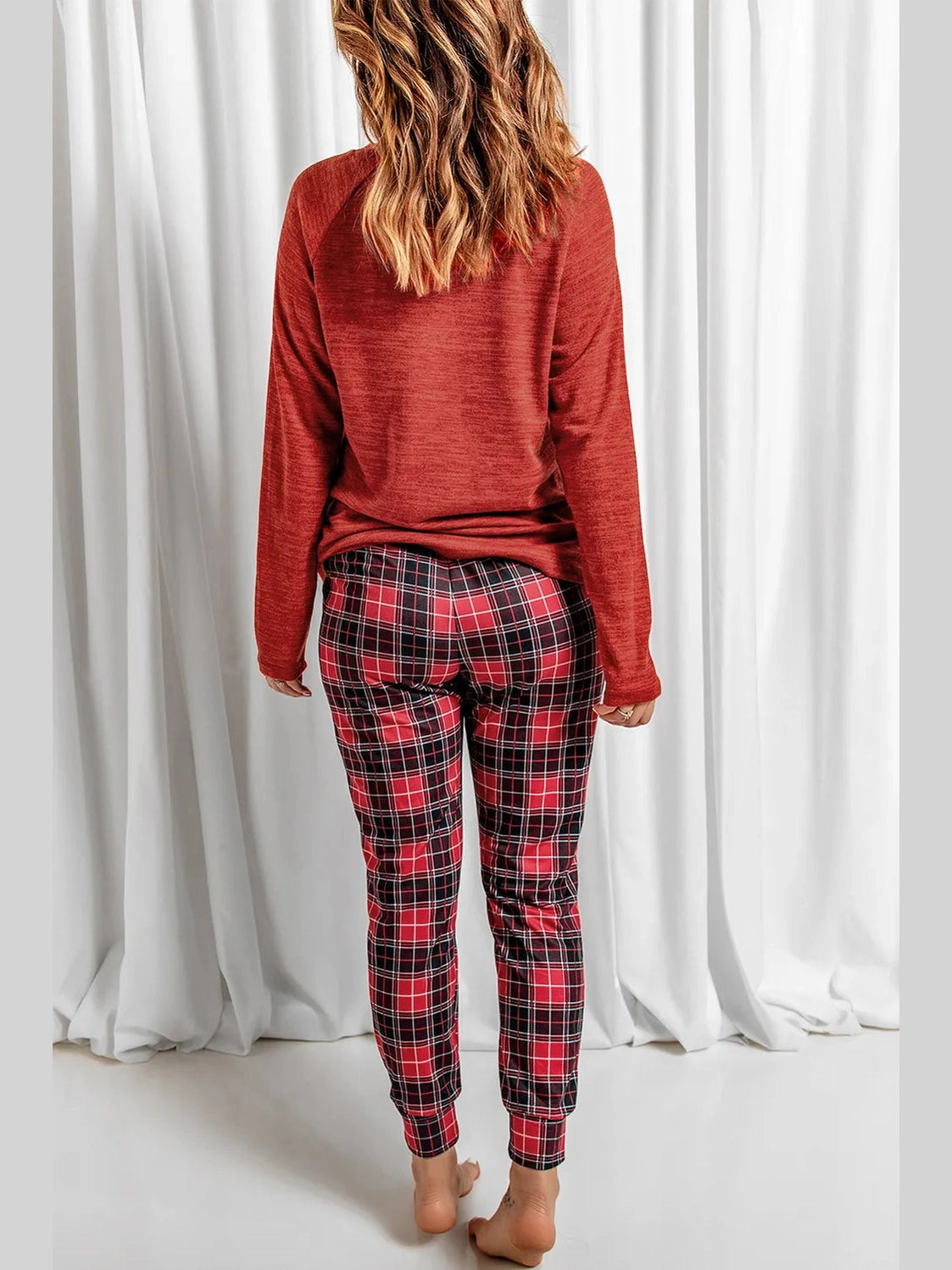 Round Neck Top and Drawstring Plaid Pants Lounge Set nicholesgifts