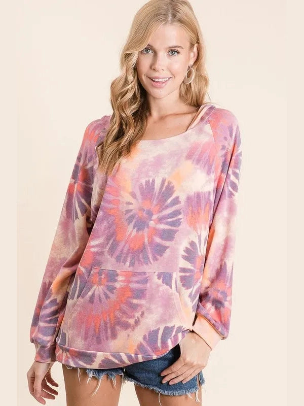 BiBi Circular Tie Dye Print Terry Hoodie with Kangaroo nicholesgifts