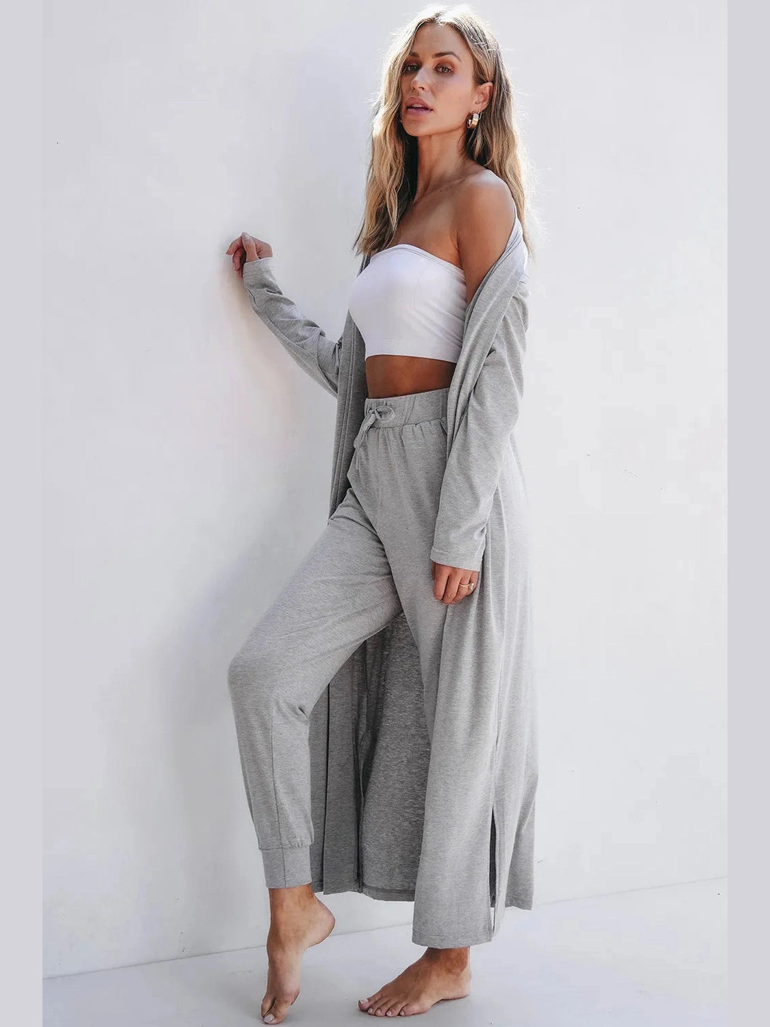 Open Front Long Sleeve Cardigan and Pants Lounge Set nicholesgifts