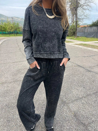 Full Size Washed Round Neck Top and Drawstring Pants Set Plus Size nicholesgifts