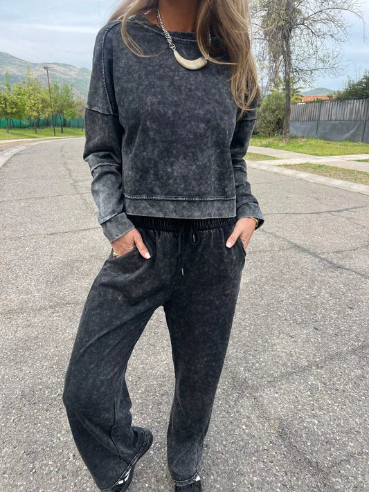 Full Size Washed Round Neck Top and Drawstring Pants Set Plus Size nicholesgifts