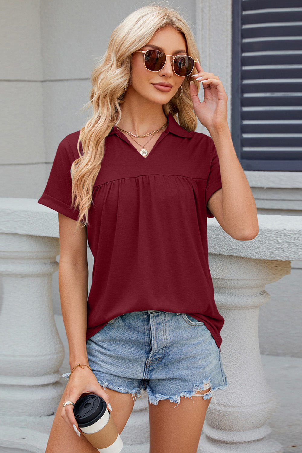 Ruched Johnny Collar Short Sleeve Blouse nicholesgifts