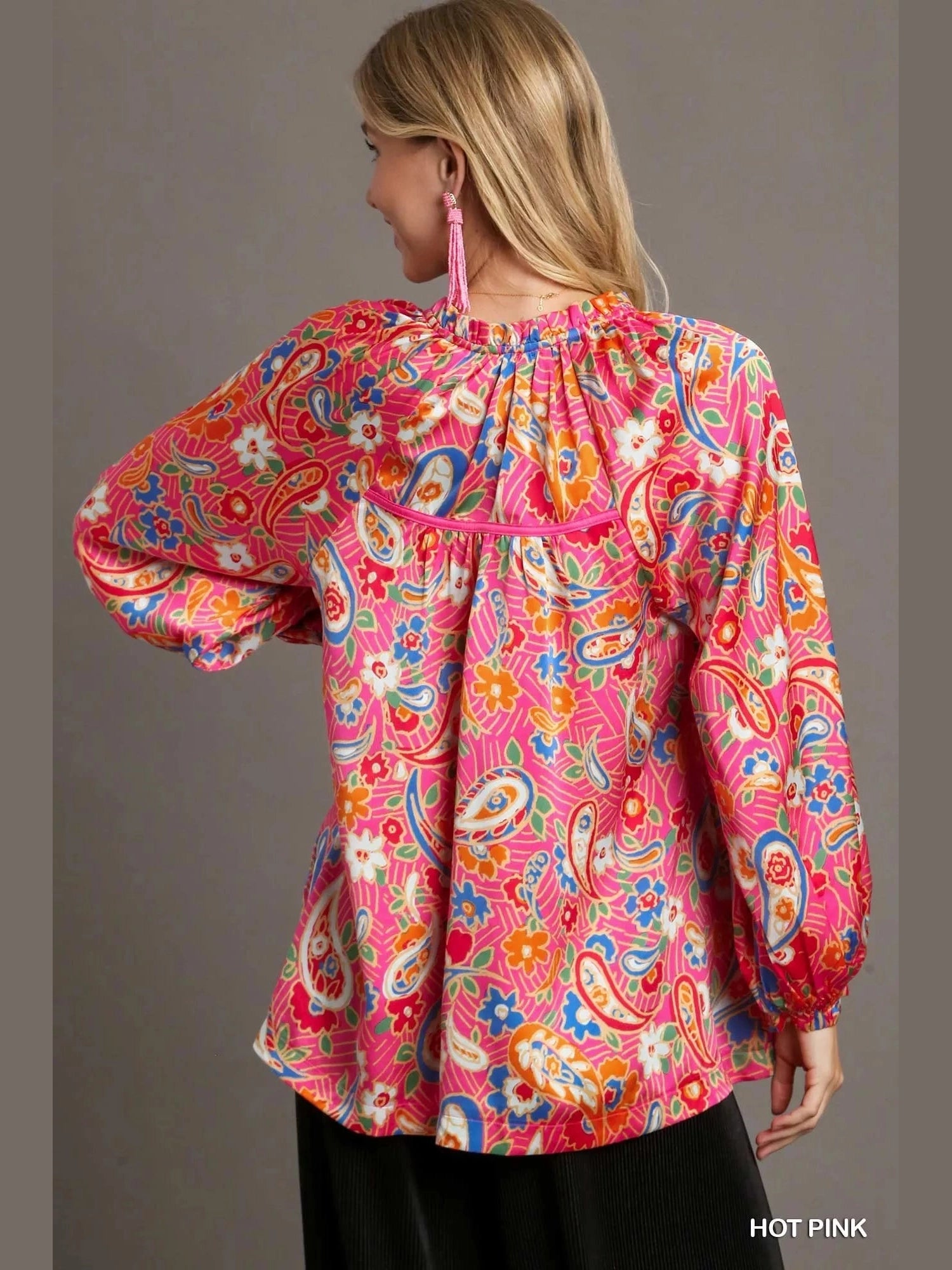 Umgee Full Size Satin Paisley Ruffle Neck Button-Up Shirt Plus Size NicholesGifts