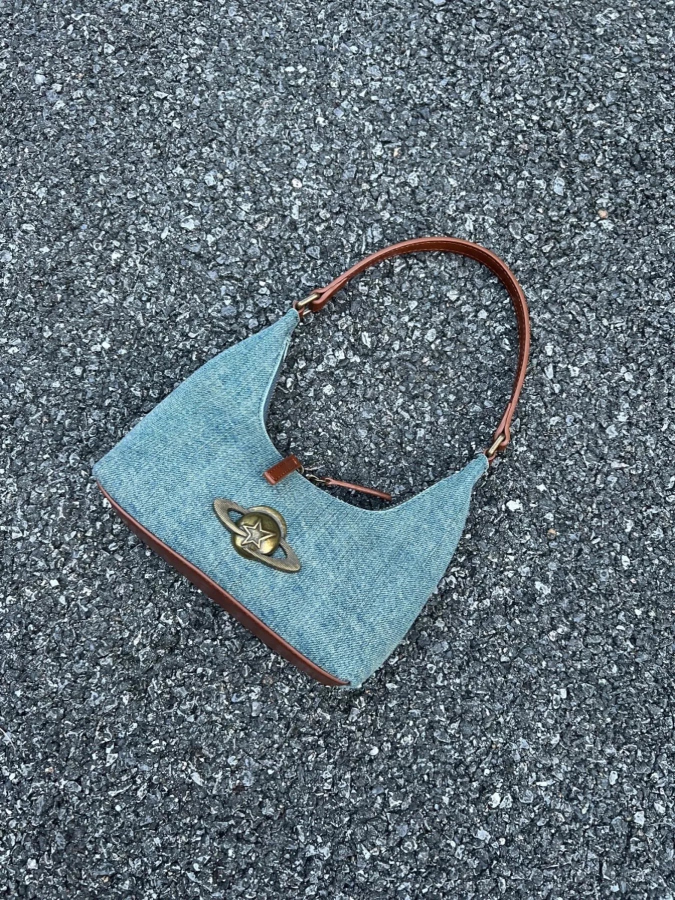 Denim Planet Decor Shoulder Bag nicholesgifts