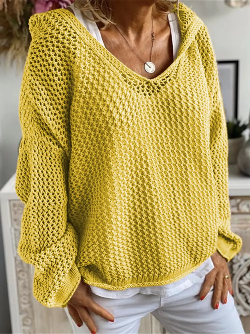 Openwork Hooded Long Sleeve Sweater nicholesgifts