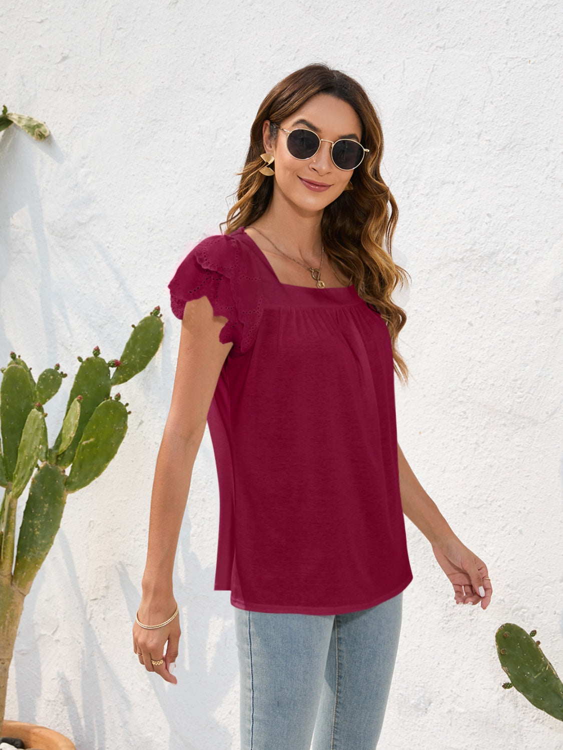 Ruffled Square Neck Cap Sleeve Blouse nicholesgifts