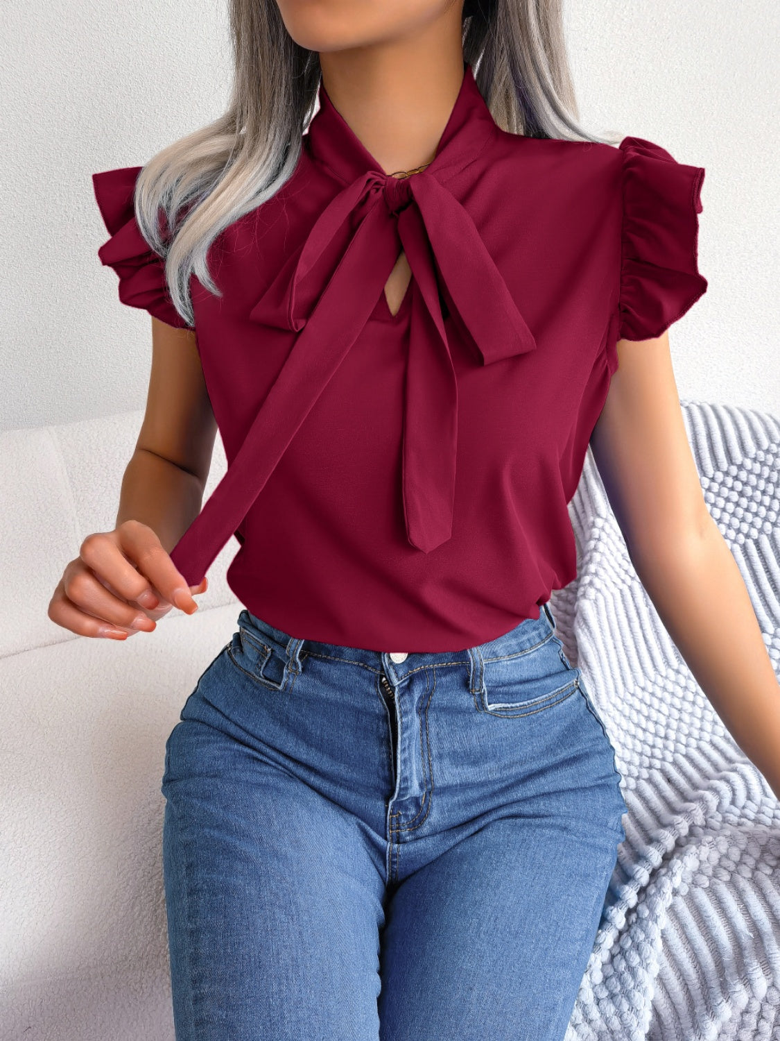 Tie Neck Cap Sleeve Blouse nicholesgifts