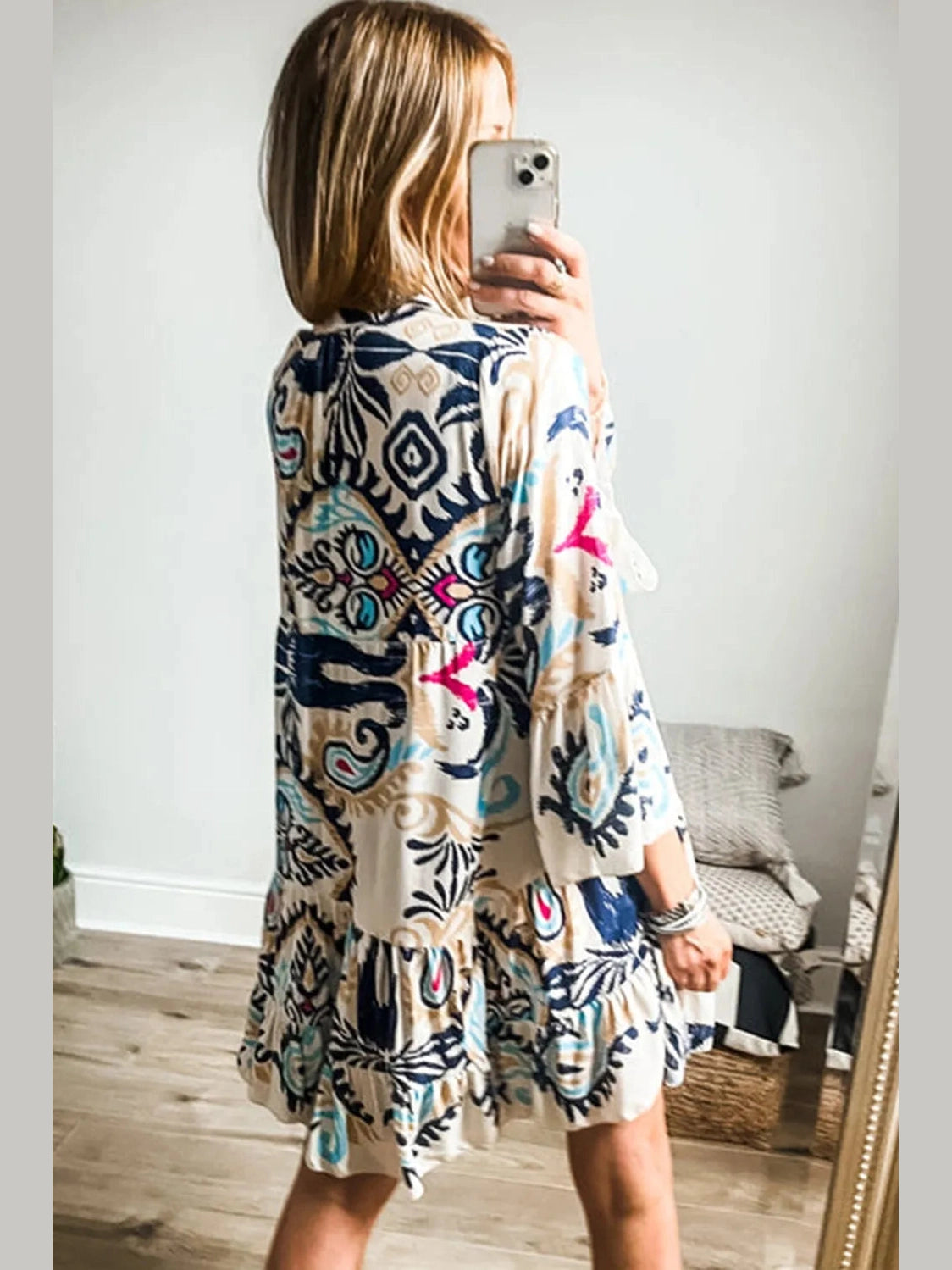 Printed Notched Three-Quarter Sleeve Mini Dress Trendsi