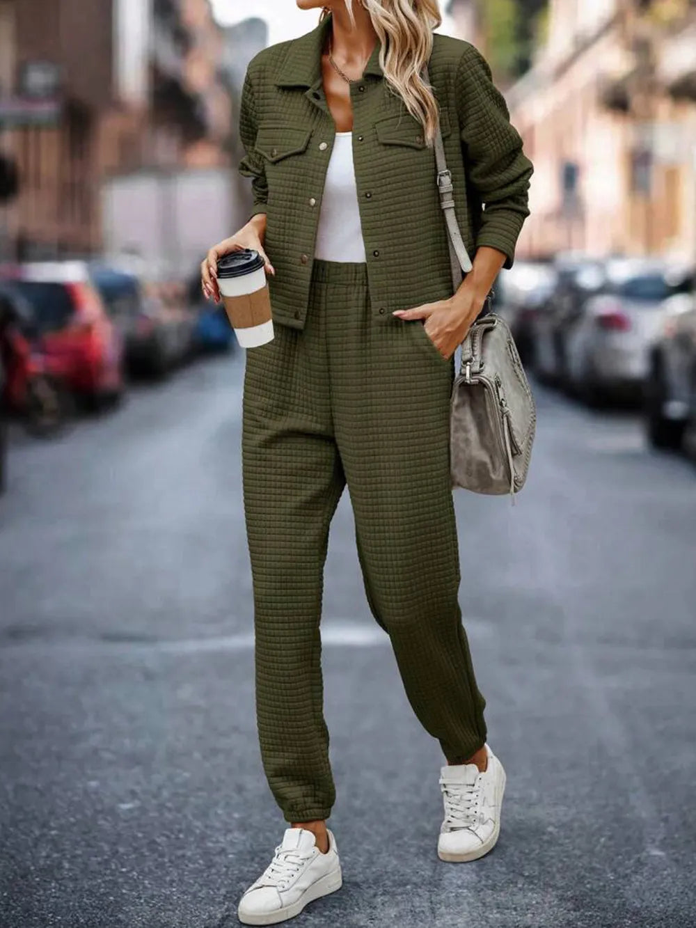 Plaid Texture Snap Down Top and Pants Set nicholesgifts