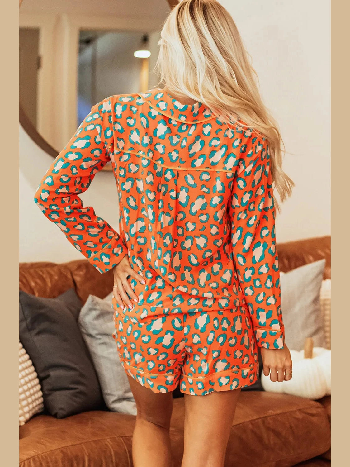 Leopard Collared Neck Long Sleeve Top and Shorts Lounge Set nicholesgifts