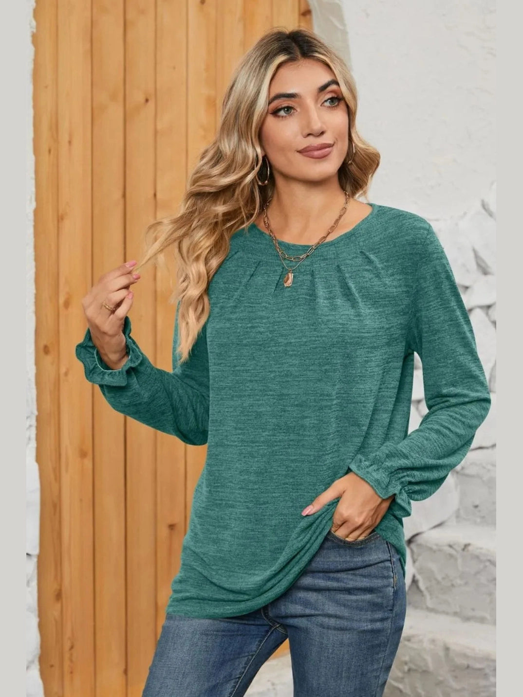 Ruched Round Neck Flounce Sleeve T-Shirt NicholesGifts