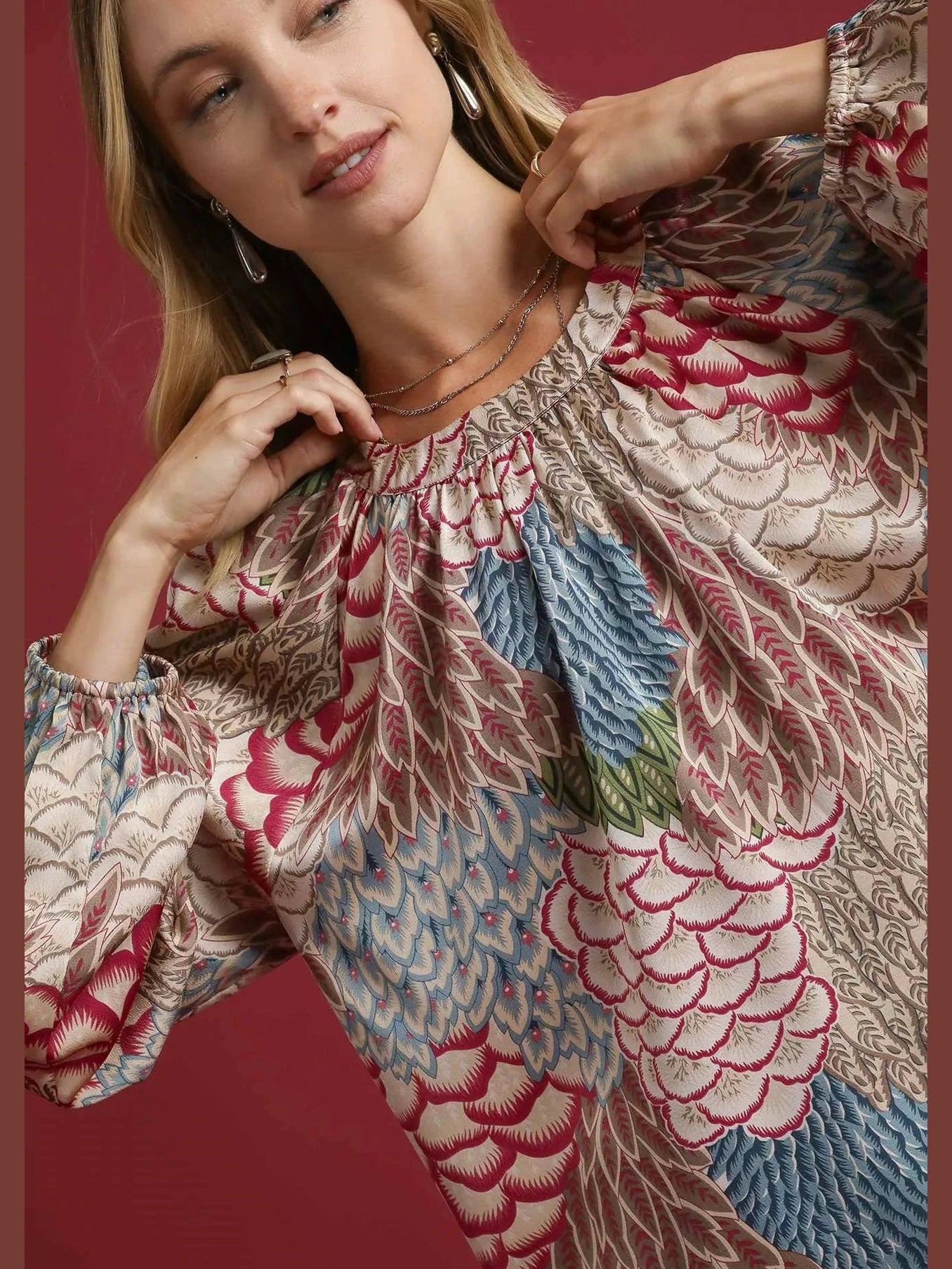Umgee Boho Feather Print Peasant Blouse NicholesGifts