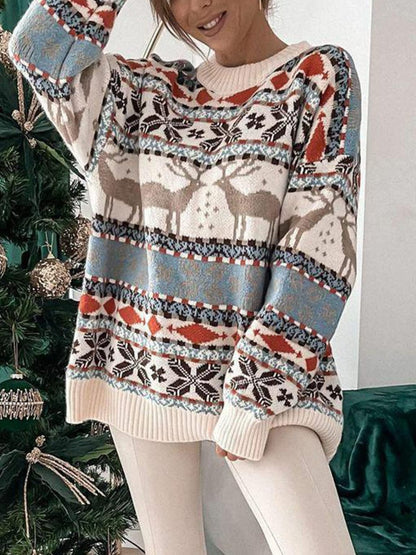 Women Geometric Round Neck Dropped Shoulder Sweater nicholesgifts