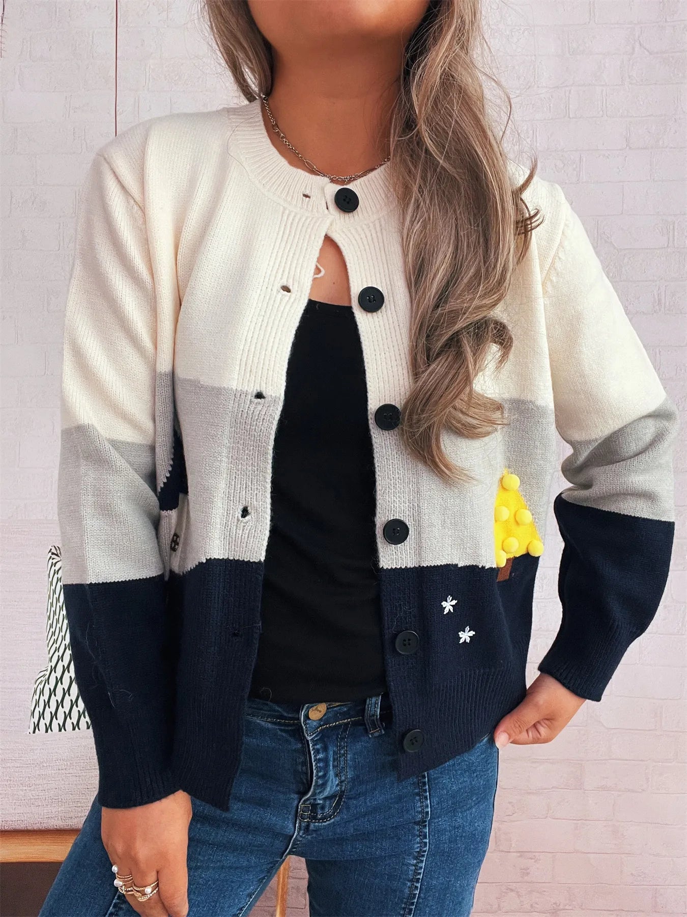 Women Color Block Button-Up Cardigan
