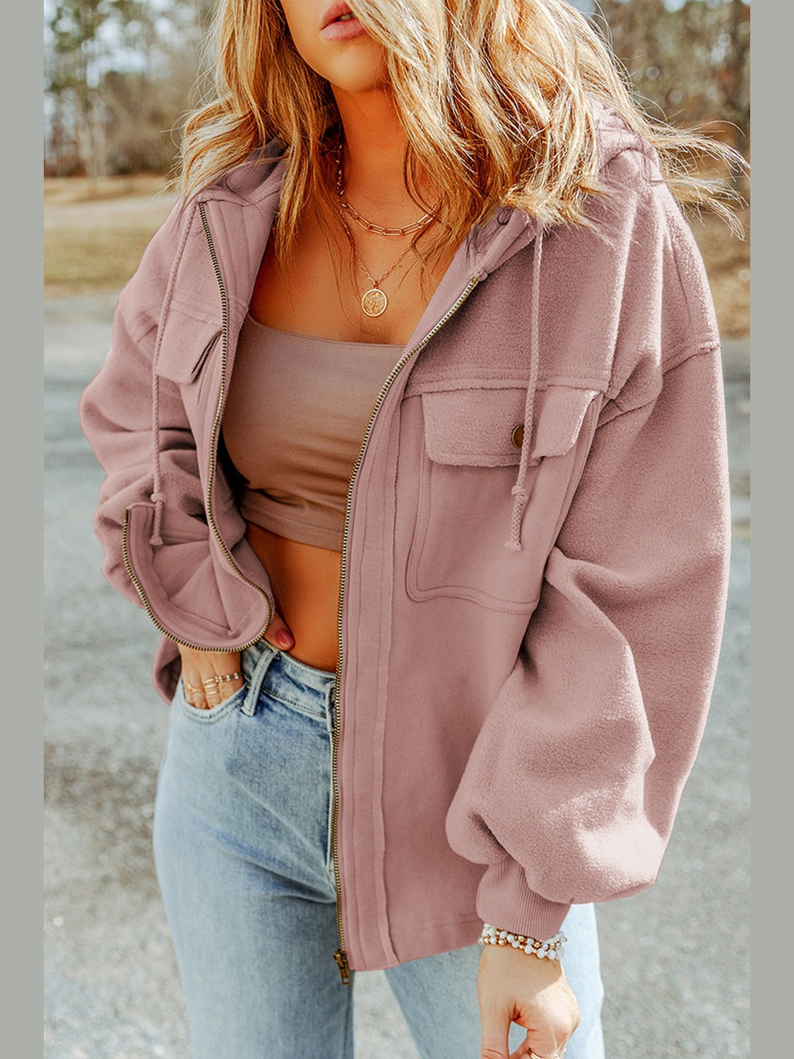 Zip-Up Drawstring Hooded Jacket nicholesgifts