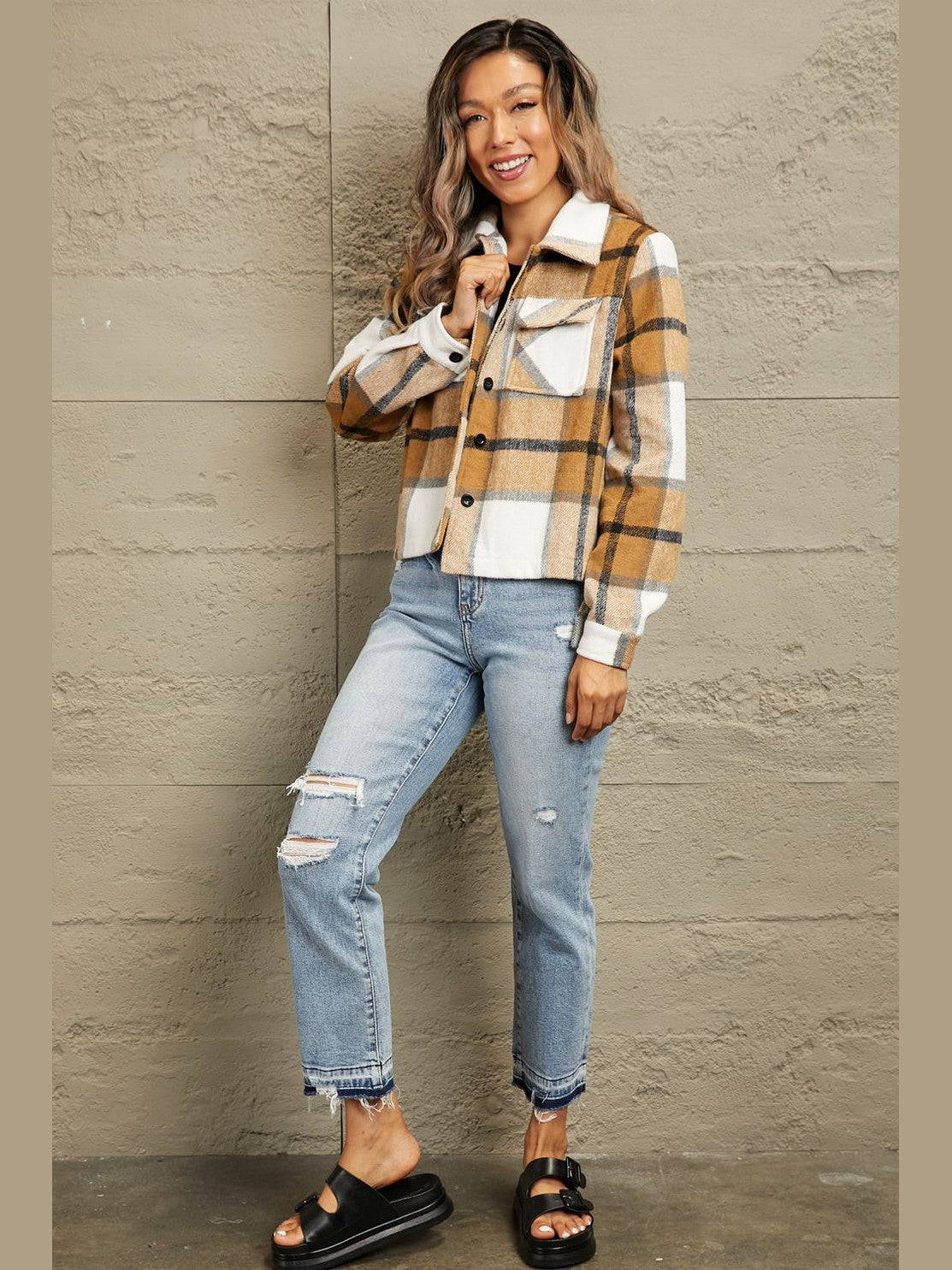 Plaid Collared Neck Jacket with Breast Pockets nicholesgifts