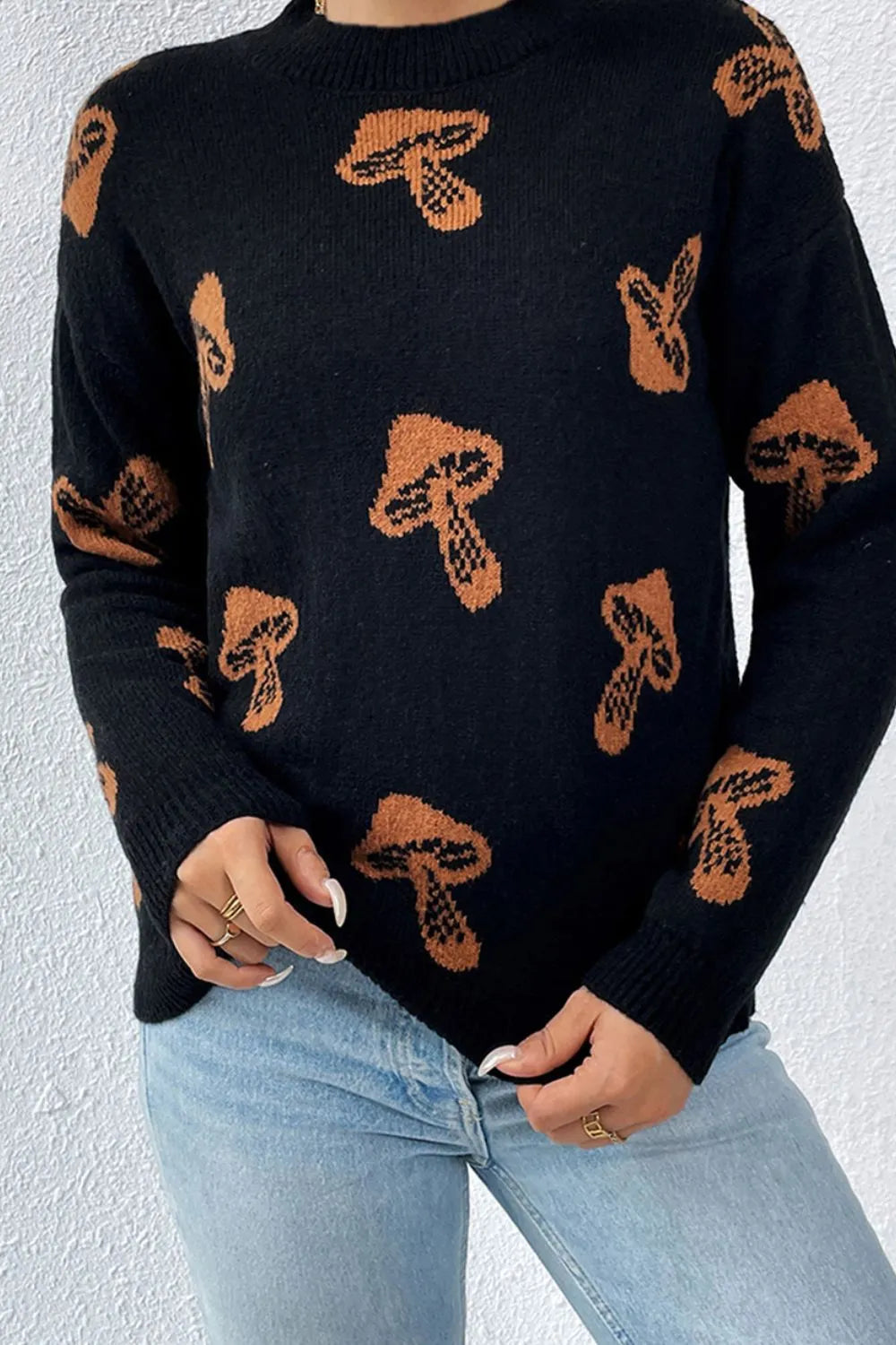 Women Graphic Mock Neck Dropped Shoulder Sweater