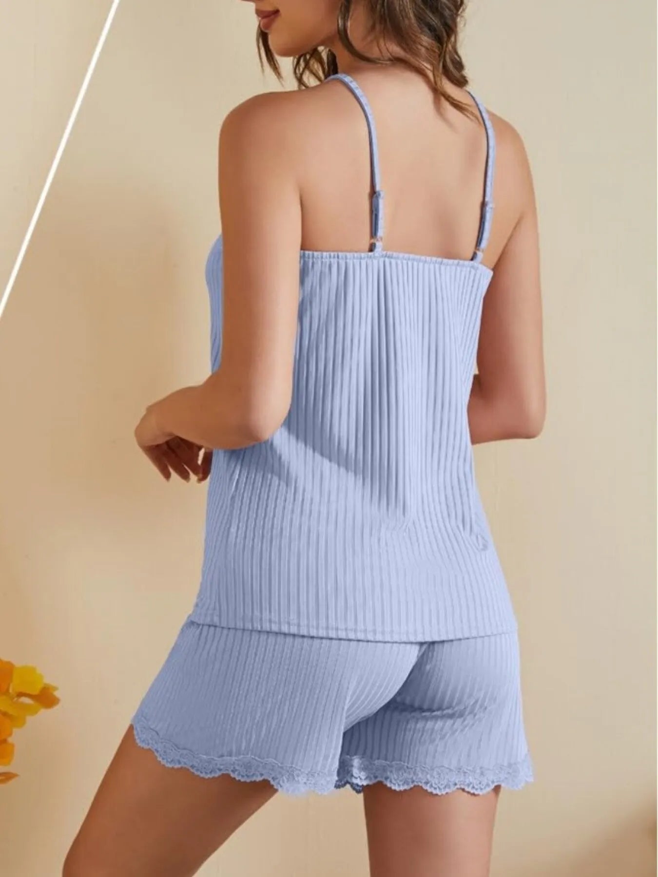 Lace-Trimmed Ribbed Cami and Shorts Lounge Set nicholesgifts