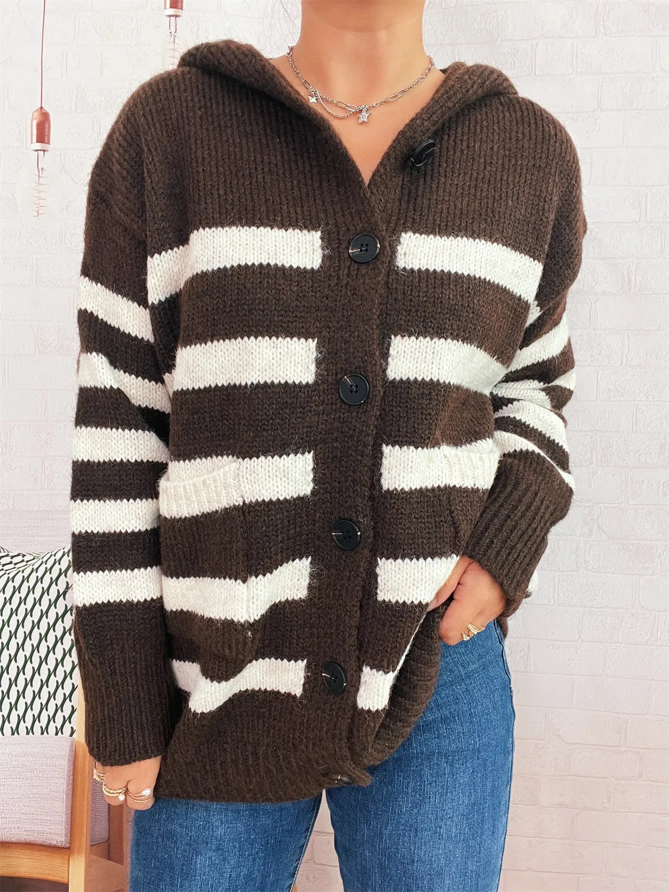 Striped Button-Up Hooded Cardigan