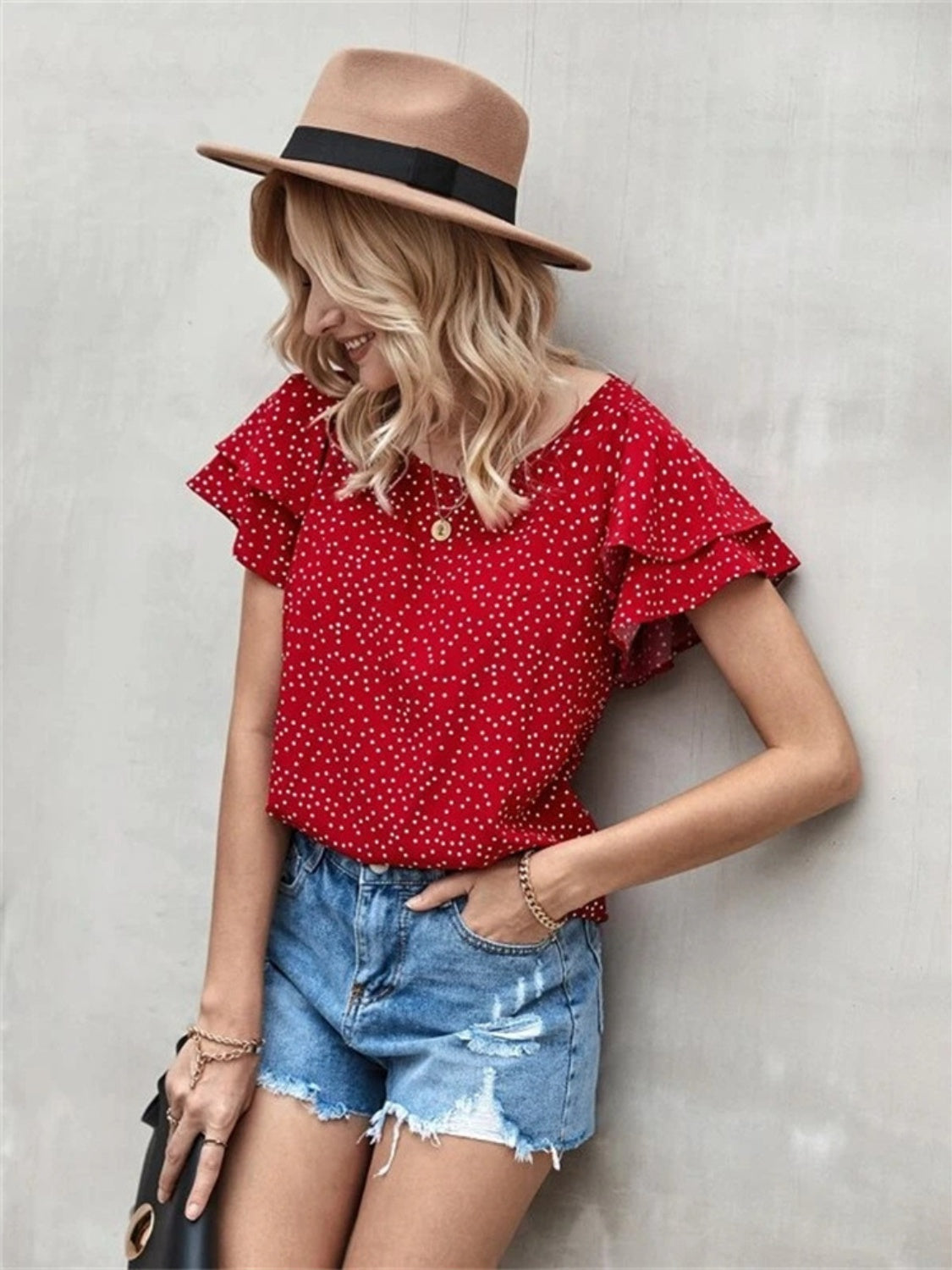 Ruffled Polka Dot Round Neck Short Sleeve Blouse nicholesgifts