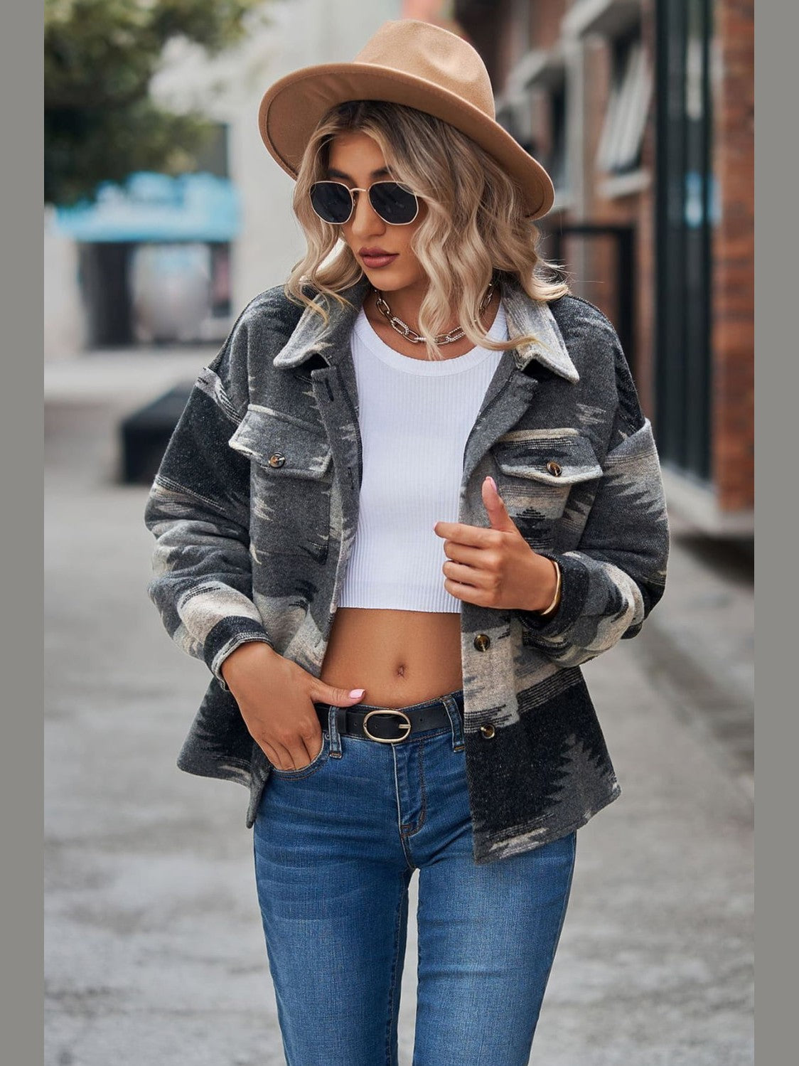 Printed Collared Neck Jacket nicholesgifts