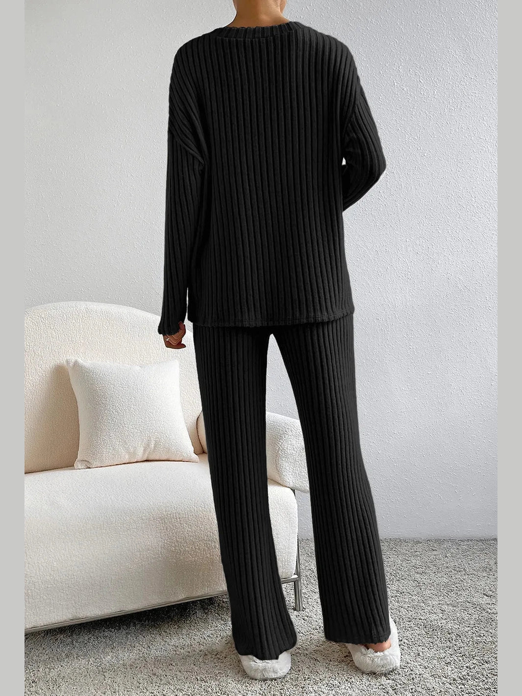 Ribbed V-Neck Top and Pants Lounge Set nicholesgifts