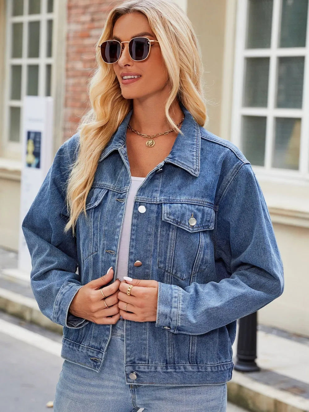 Pocketed Collared Neck Denim Jacket nicholesgifts