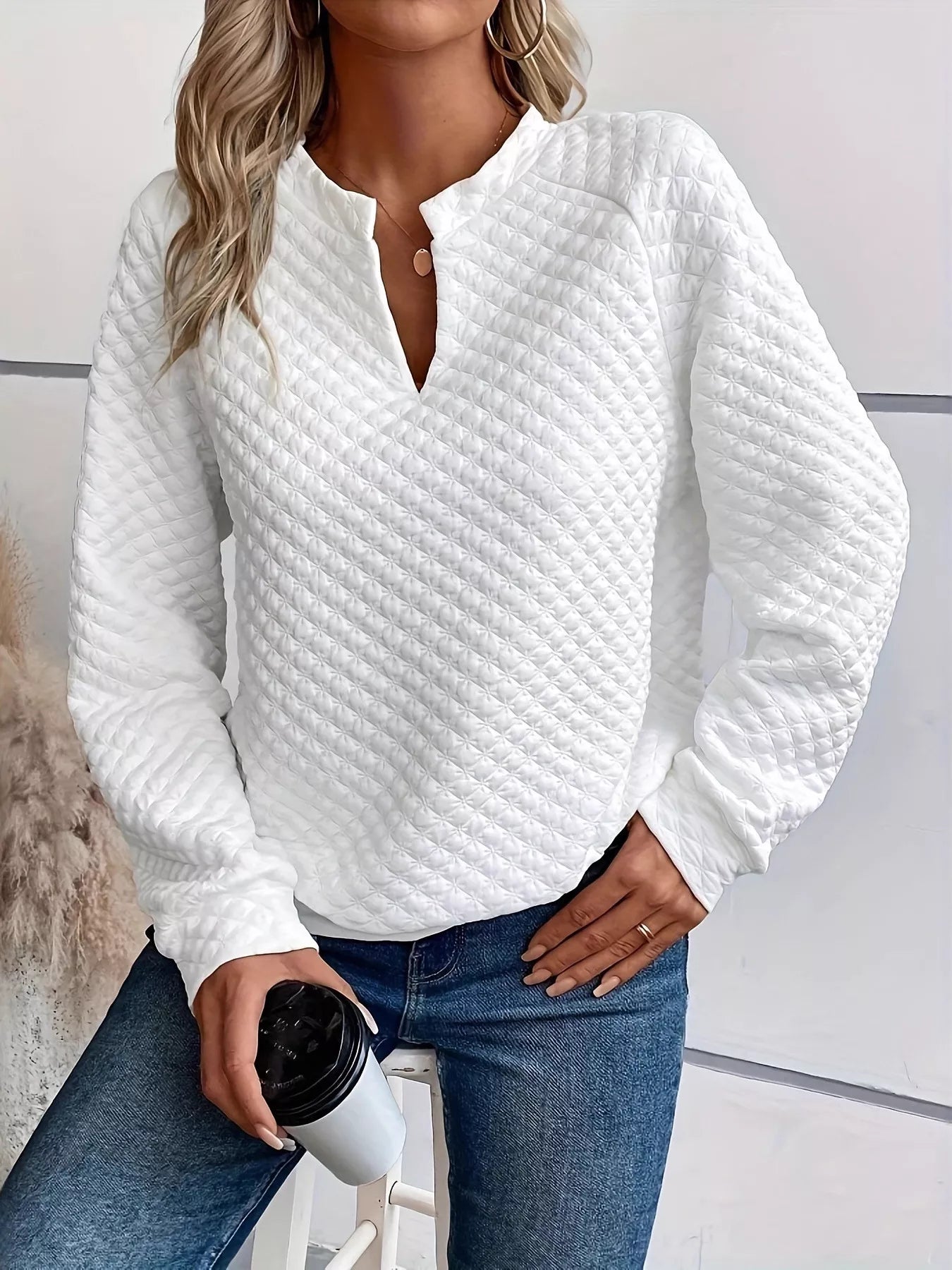 Notched Raglan Sleeve Sweatshirt Trendsi